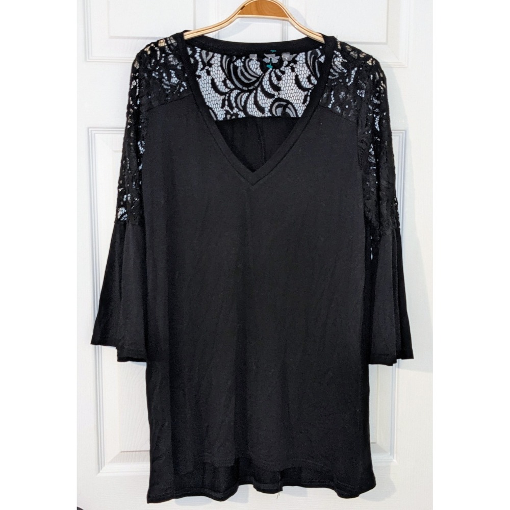 Evolution Lace Bell Sleeve Top V-Neck Blouse Elegant Party Top Black Size L